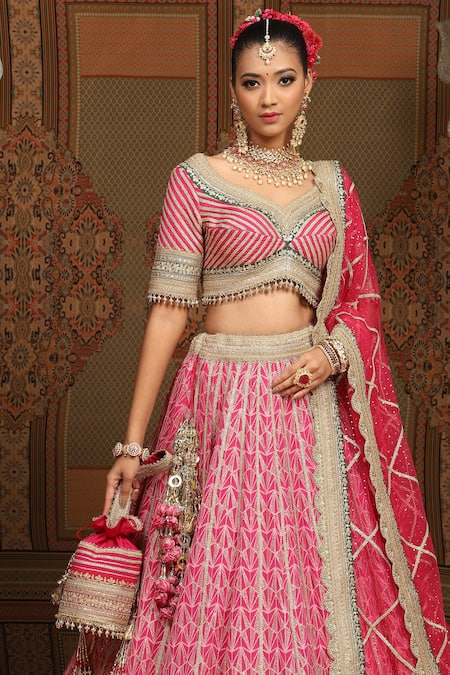 Shop Shikhar Sharma Pink Lehenga Cotton Shimmer Chanderi Embroidered Gota Geometric Pattern Set Online at Aza Fashions Shop_Shikhar Sharma_Pink Lehenga Cotton Shimmer Chanderi Embroidered Gota Geometric Pattern Set _Online_at_Aza_Fashions