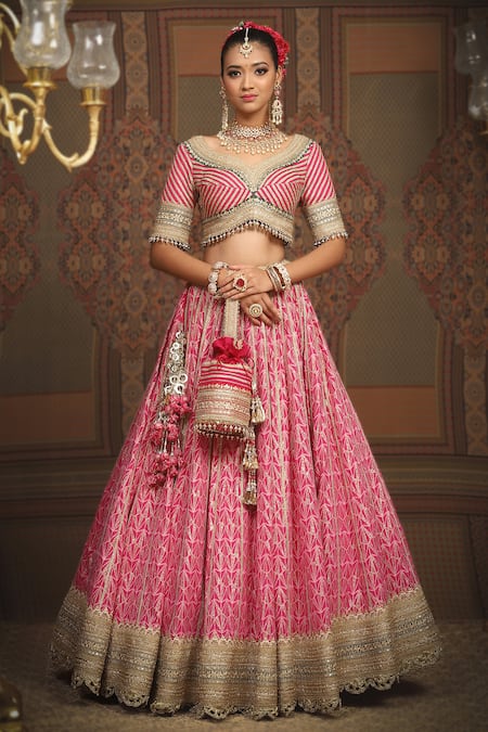 Shikhar Sharma Pink Lehenga Cotton Shimmer Chanderi Embroidered Gota Geometric Pattern Set at Aza Fashions Shikhar Sharma_Pink Lehenga Cotton Shimmer Chanderi Embroidered Gota Geometric Pattern Set _at_Aza_Fashions