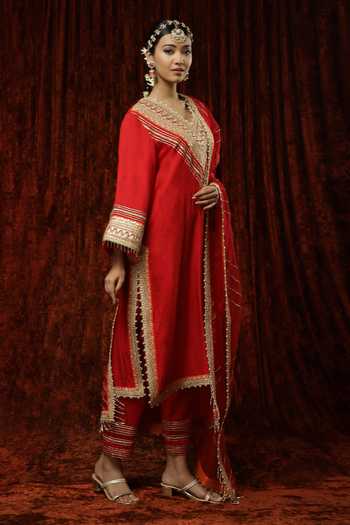 Shikhar Sharma_Red Kurta And Pant Silk Chanderi Embroidered Pearl V Neck Straight Set _Online_at_Aza_Fashions