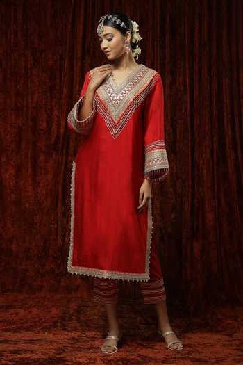 Buy_Shikhar Sharma_Red Kurta And Pant Silk Chanderi Embroidered Pearl V Neck Straight Set _Online_at_Aza_Fashions