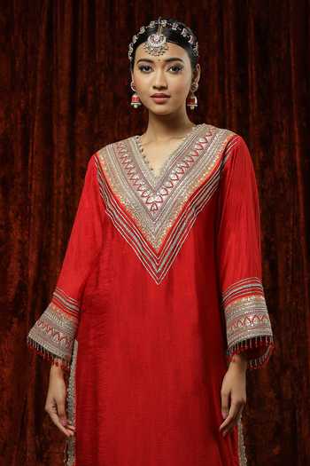 Shop_Shikhar Sharma_Red Kurta And Pant Silk Chanderi Embroidered Pearl V Neck Straight Set _Online_at_Aza_Fashions