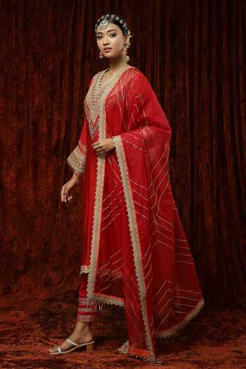 Shikhar Sharma_Red Kurta And Pant Silk Chanderi Embroidered Pearl V Neck Straight Set _at_Aza_Fashions