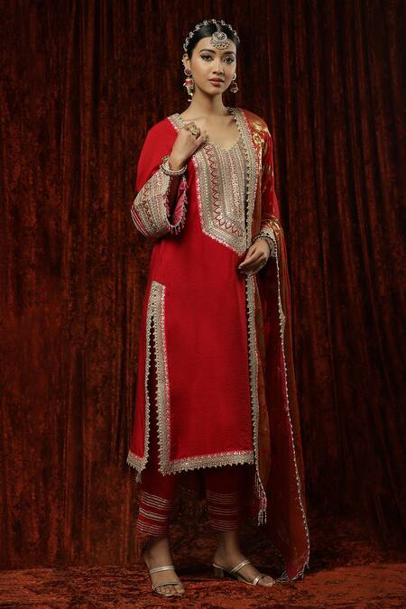 Shikhar Sharma_Red , Chanderi, Organza, Georgette Embroidered Straight Kurta Set _Online_at_Aza_Fashions