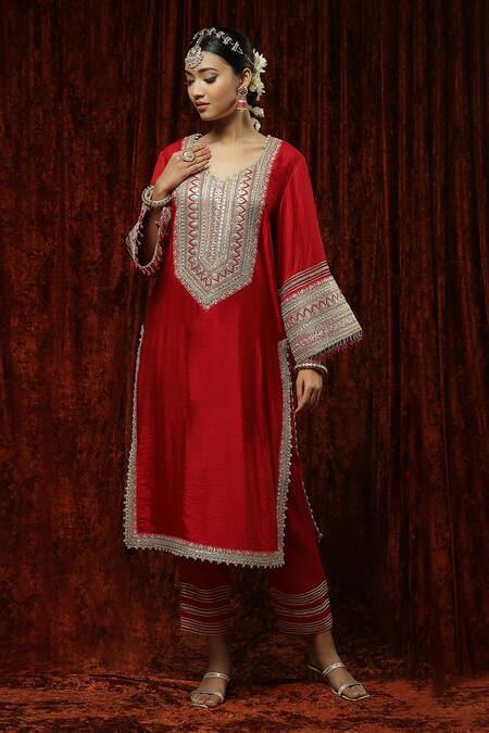 Buy_Shikhar Sharma_Red , Chanderi, Organza, Georgette Embroidered Straight Kurta Set _Online_at_Aza_Fashions