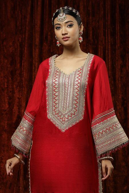 Shop_Shikhar Sharma_Red , Chanderi, Organza, Georgette Embroidered Straight Kurta Set _Online_at_Aza_Fashions