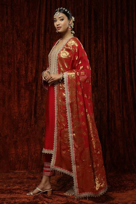 Shikhar Sharma_Red , Chanderi, Organza, Georgette Embroidered Straight Kurta Set _at_Aza_Fashions