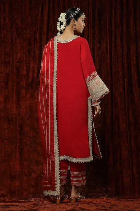 Shop Shikhar Sharma Red Kurta And Pant Silk Chanderi Embroidered Pearl V Neck Badla Straight Set at Aza Fashions Shop_Shikhar Sharma_Red Kurta And Pant Silk Chanderi Embroidered Pearl V Neck Badla Straight Set _at_Aza_Fashions