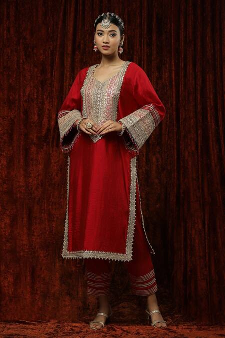 Buy Shikhar Sharma Red Kurta And Pant Silk Chanderi Embroidered Pearl V Neck Badla Straight Set Online at Aza Fashions Buy_Shikhar Sharma_Red Kurta And Pant Silk Chanderi Embroidered Pearl V Neck Badla Straight Set _Online_at_Aza_Fashions