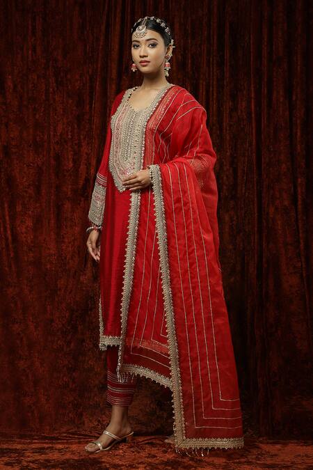 Shikhar Sharma Red Kurta And Pant Silk Chanderi Embroidered Pearl V Neck Badla Straight Set at Aza Fashions Shikhar Sharma_Red Kurta And Pant Silk Chanderi Embroidered Pearl V Neck Badla Straight Set _at_Aza_Fashions