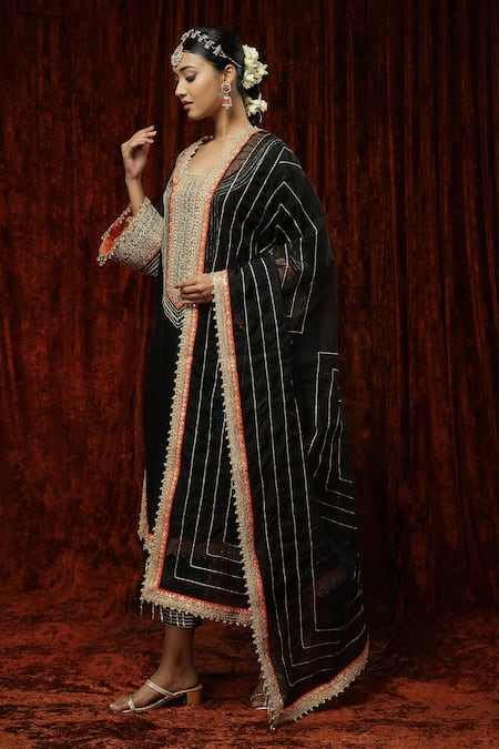 Shop_Shikhar Sharma_Black Kurta And Pant Silk Chanderi Embroidered Pearl V Neck Badla Straight Set _at_Aza_Fashions
