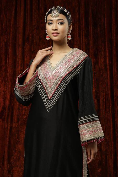 Shop_Shikhar Sharma_Black Kurta And Pant Silk Chanderi Embroidered Pearl V Neck Badla Set _Online_at_Aza_Fashions