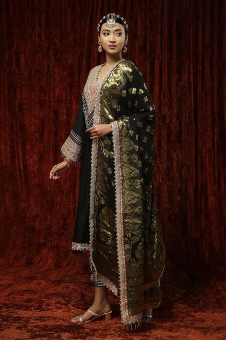 Shikhar Sharma_Black Kurta And Pant Silk Chanderi Embroidered Pearl V Neck Badla Set _at_Aza_Fashions