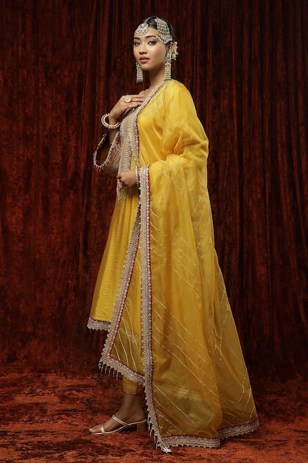 Shop Shikhar Sharma Yellow Kurta And Pant Silk Chanderi Embroidered Pearl Round Badla Bright Set at Aza Fashions Shop_Shikhar Sharma_Yellow Kurta And Pant Silk Chanderi Embroidered Pearl Round Badla Bright Set _at_Aza_Fashions