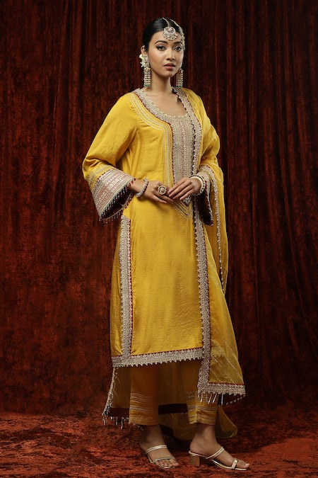 Shikhar Sharma Yellow Kurta And Pant Silk Chanderi Embroidered Pearl Round Badla Bright Set Online at Aza Fashions Shikhar Sharma_Yellow Kurta And Pant Silk Chanderi Embroidered Pearl Round Badla Bright Set _Online_at_Aza_Fashions