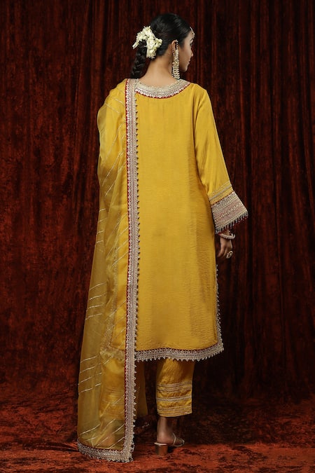 Buy Shikhar Sharma Yellow Kurta And Pant Silk Chanderi Embroidered Pearl Round Badla Bright Set Online at Aza Fashions Buy_Shikhar Sharma_Yellow Kurta And Pant Silk Chanderi Embroidered Pearl Round Badla Bright Set _Online_at_Aza_Fashions