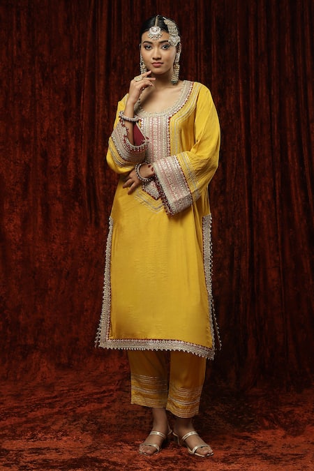Shop Shikhar Sharma Yellow Kurta And Pant Silk Chanderi Embroidered Pearl Round Badla Bright Set Online at Aza Fashions Shop_Shikhar Sharma_Yellow Kurta And Pant Silk Chanderi Embroidered Pearl Round Badla Bright Set _Online_at_Aza_Fashions