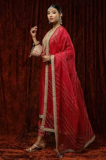 Shikhar Sharma Red Kurta And Pant Silk Chanderi Embroidered Pearl V Neck Dori Set at Aza Fashions Shikhar Sharma_Red Kurta And Pant Silk Chanderi Embroidered Pearl V Neck Dori Set _at_Aza_Fashions