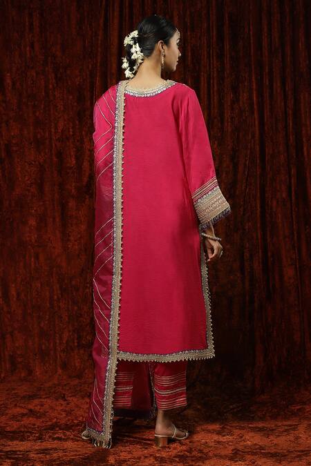Shop Shikhar Sharma Pink Kurta And Pant Silk Chanderi Embroidered Pearl V Neck Dori Set at Aza Fashions Shop_Shikhar Sharma_Pink Kurta And Pant Silk Chanderi Embroidered Pearl V Neck Dori Set _at_Aza_Fashions