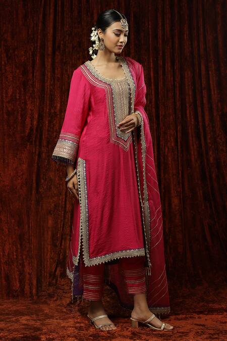 Shikhar Sharma Pink Kurta And Pant Silk Chanderi Embroidered Pearl V Neck Dori Set Online at Aza Fashions Shikhar Sharma_Pink Kurta And Pant Silk Chanderi Embroidered Pearl V Neck Dori Set _Online_at_Aza_Fashions