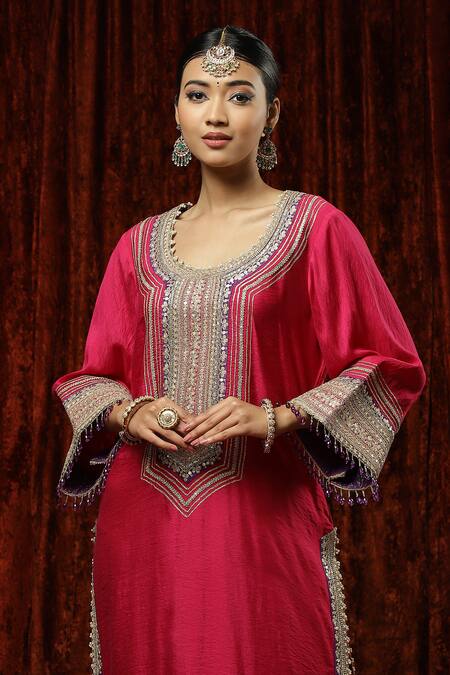 Shop Shikhar Sharma Pink Kurta And Pant Silk Chanderi Embroidered Pearl V Neck Dori Set Online at Aza Fashions Shop_Shikhar Sharma_Pink Kurta And Pant Silk Chanderi Embroidered Pearl V Neck Dori Set _Online_at_Aza_Fashions