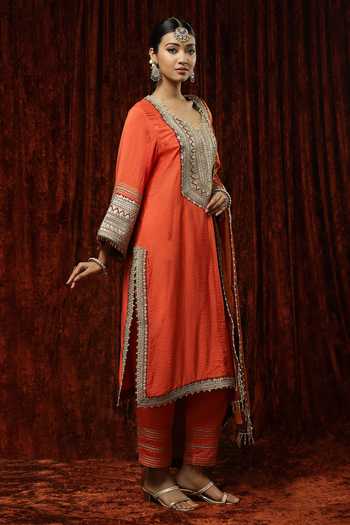 Shikhar Sharma_Orange Kurta And Pant Silk Chanderi Embroidered Pearl Leaf Straight Set _Online_at_Aza_Fashions