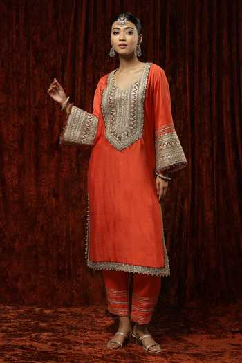 Buy_Shikhar Sharma_Orange Kurta And Pant Silk Chanderi Embroidered Pearl Leaf Straight Set _Online_at_Aza_Fashions