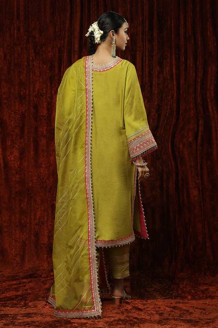 Shop Shikhar Sharma Green Kurta And Pant Silk Chanderi Embroidered Pearl V Neck Badla Set at Aza Fashions Shop_Shikhar Sharma_Green Kurta And Pant Silk Chanderi Embroidered Pearl V Neck Badla Set _at_Aza_Fashions