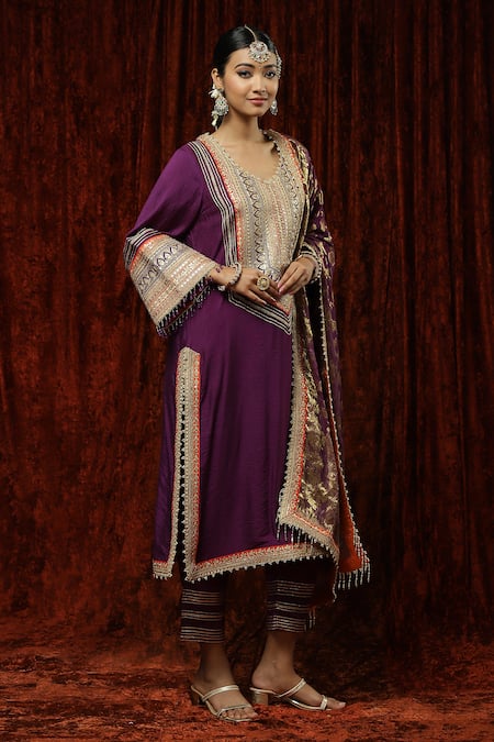 Shikhar Sharma_Purple Kurta And Pant Silk Chanderi Embroidered Pearl Leaf Badla Set _Online_at_Aza_Fashions