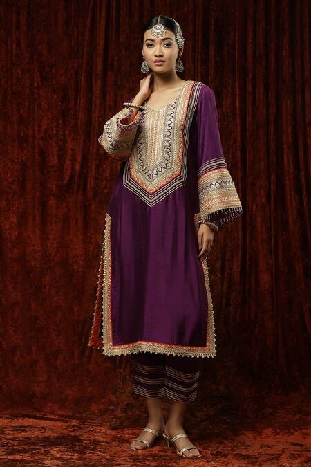 Buy_Shikhar Sharma_Purple Kurta And Pant Silk Chanderi Embroidered Pearl Leaf Badla Set _Online_at_Aza_Fashions
