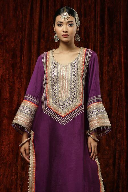Shop_Shikhar Sharma_Purple Kurta And Pant Silk Chanderi Embroidered Pearl Leaf Badla Set _Online_at_Aza_Fashions
