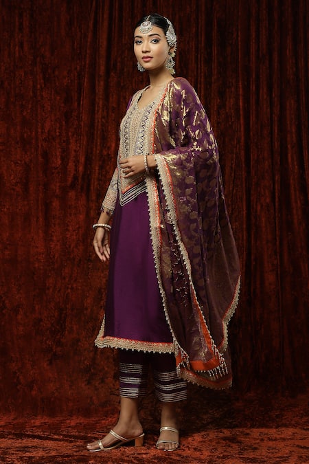 Shikhar Sharma_Purple Kurta And Pant Silk Chanderi Embroidered Pearl Leaf Badla Set _at_Aza_Fashions