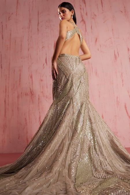 Roqa Sandra Crystal Embroidered Trail Gown 