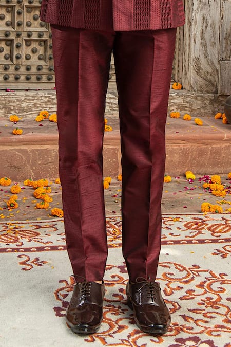 Buy_Abkasa_Maroon Dupion-raw Silk Blend Textured Cinnamon Bandhgala And Pant Set  