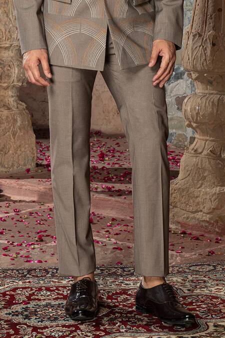 Buy Abkasa Brown Terry Rayon Embroidered Stitch Lines Alumen Bandhgala Pant Set Buy_Abkasa_Brown Terry Rayon Embroidered Stitch Lines Alumen Bandhgala Pant Set