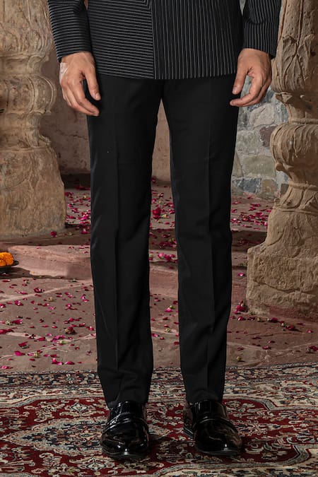 Abkasa Black Terry Rayon Embroidered Stitch Lines Maze Bandhgala Pant Set at Aza Fashions Abkasa_Black Terry Rayon Embroidered Stitch Lines Maze Bandhgala Pant Set _at_Aza_Fashions