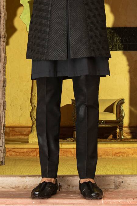 Shop Abkasa Black Dupion-raw Silk Blend Textured Pintucks Sable Bandhgala Set Shop_Abkasa_Black Dupion-raw Silk Blend Textured Pintucks Sable Bandhgala Set