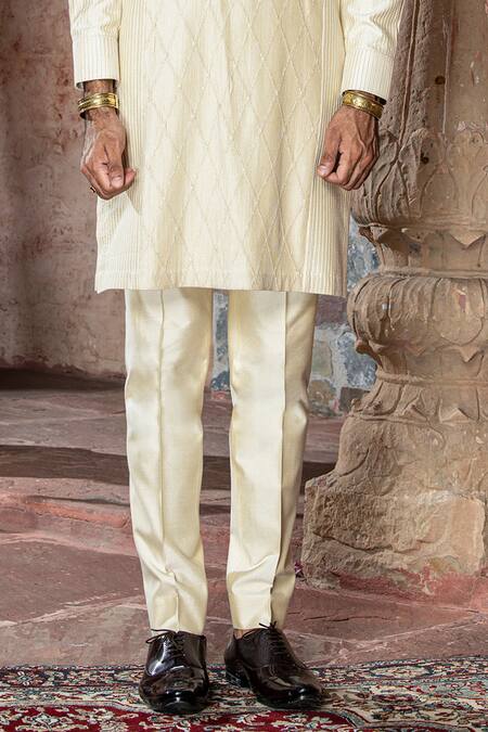 Shop_Abkasa_Beige Katan Silk Placement Sandstone Pintuck Pattern Kurta With Pant  _Online_at_Aza_Fashions