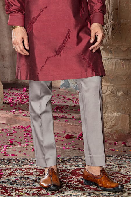 Shop_Abkasa_Maroon Katan Silk Placement Embroidery French Bordeaux Kurta With Pant  _Online_at_Aza_Fashions