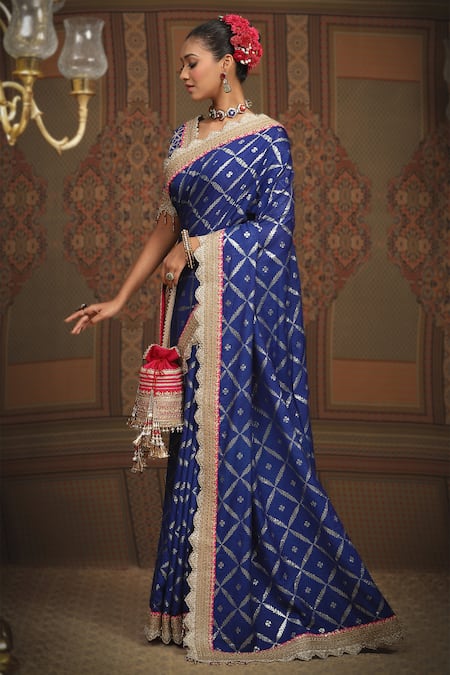 SHIKHAR SHARMA Blue Saree Embellished Gota V Neck Chanderi With Blouse 