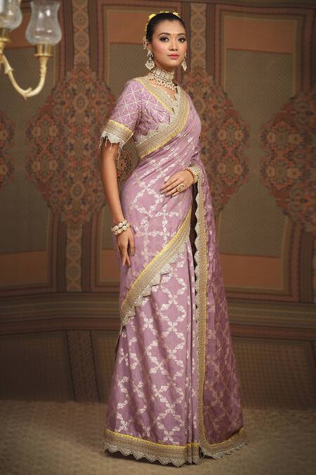 Shikhar Sharma Purple Saree Embellished Gota V Neck Floral Woven Chanderi With Blouse Online at Aza Fashions Shikhar Sharma_Purple Saree Embellished Gota V Neck Floral Woven Chanderi With Blouse _Online_at_Aza_Fashions