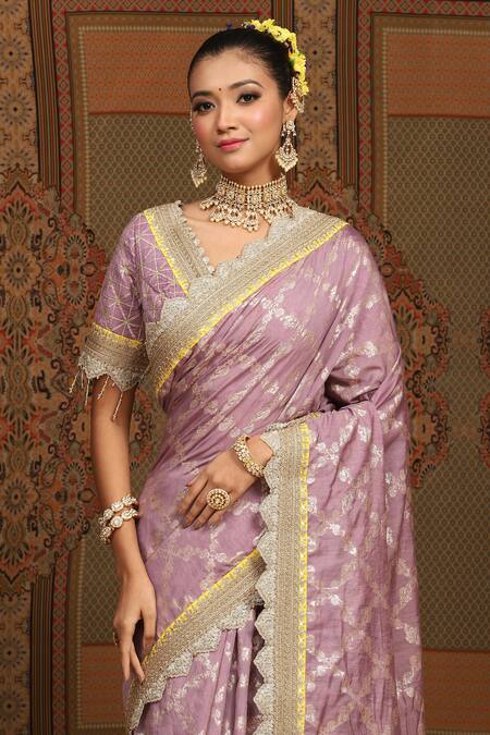 Buy Shikhar Sharma Purple Saree Embellished Gota V Neck Floral Woven Chanderi With Blouse Online at Aza Fashions Buy_Shikhar Sharma_Purple Saree Embellished Gota V Neck Floral Woven Chanderi With Blouse _Online_at_Aza_Fashions