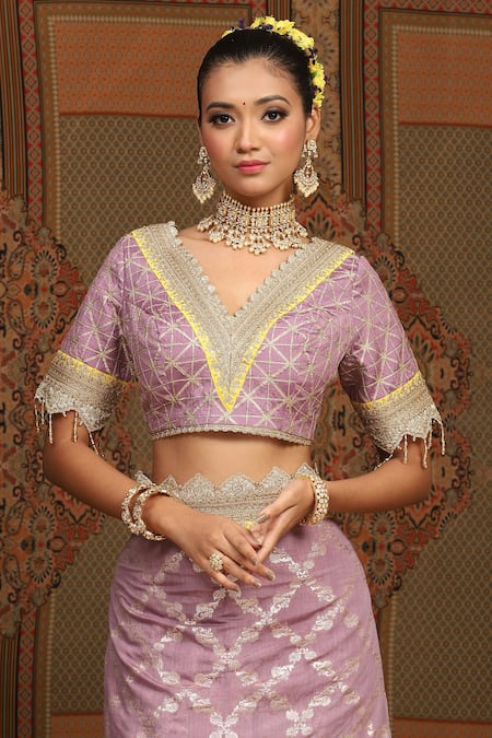 Shop Shikhar Sharma Purple Saree Embellished Gota V Neck Floral Woven Chanderi With Blouse Online at Aza Fashions Shop_Shikhar Sharma_Purple Saree Embellished Gota V Neck Floral Woven Chanderi With Blouse _Online_at_Aza_Fashions