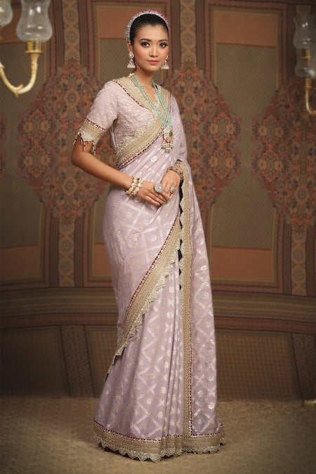 Shikhar Sharma_Purple Silk, Silk, Embroidery, Floral Woven Saree With Blouse _Online_at_Aza_Fashions