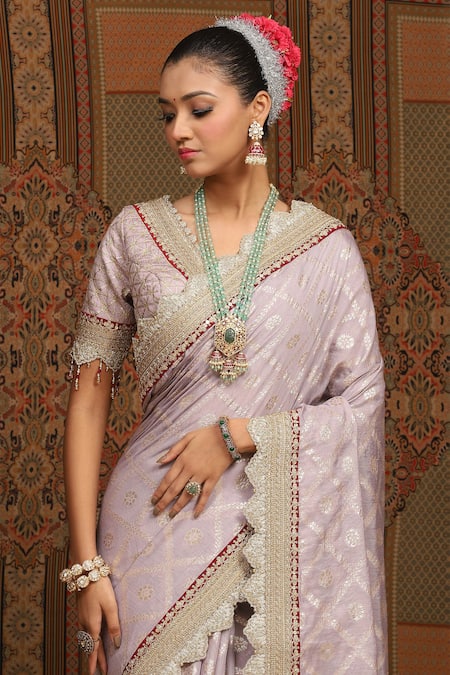 Buy_Shikhar Sharma_Purple Silk, Silk, Embroidery, Floral Woven Saree With Blouse _Online_at_Aza_Fashions