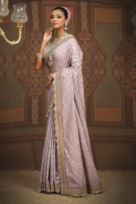 Shikhar Sharma_Purple Silk, Silk, Embroidery, Floral Woven Saree With Blouse _at_Aza_Fashions