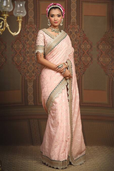 Shikhar Sharma_Pink Saree Embellished Gota V Neck Chanderi Floral Jaal Woven With Blouse _Online_at_Aza_Fashions