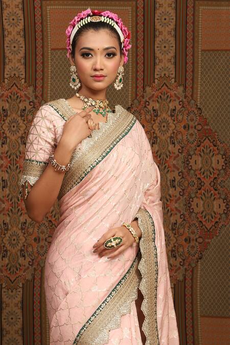 Buy_Shikhar Sharma_Pink Saree Embellished Gota V Neck Chanderi Floral Jaal Woven With Blouse _Online_at_Aza_Fashions