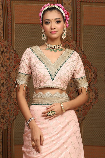 Shop_Shikhar Sharma_Pink Saree Embellished Gota V Neck Chanderi Floral Jaal Woven With Blouse _Online_at_Aza_Fashions