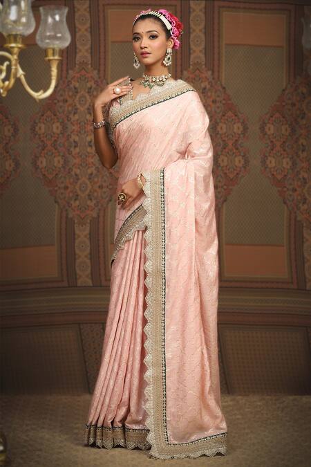 Shikhar Sharma_Pink Saree Embellished Gota V Neck Chanderi Floral Jaal Woven With Blouse _at_Aza_Fashions