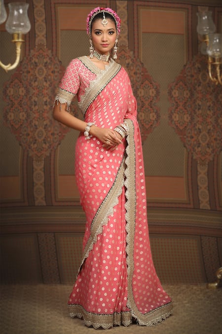 Shikhar Sharma Pink Saree Embellished Gota V Neck Flower Woven With Blouse Online at Aza Fashions Shikhar Sharma_Pink Saree Embellished Gota V Neck Flower Woven With Blouse _Online_at_Aza_Fashions
